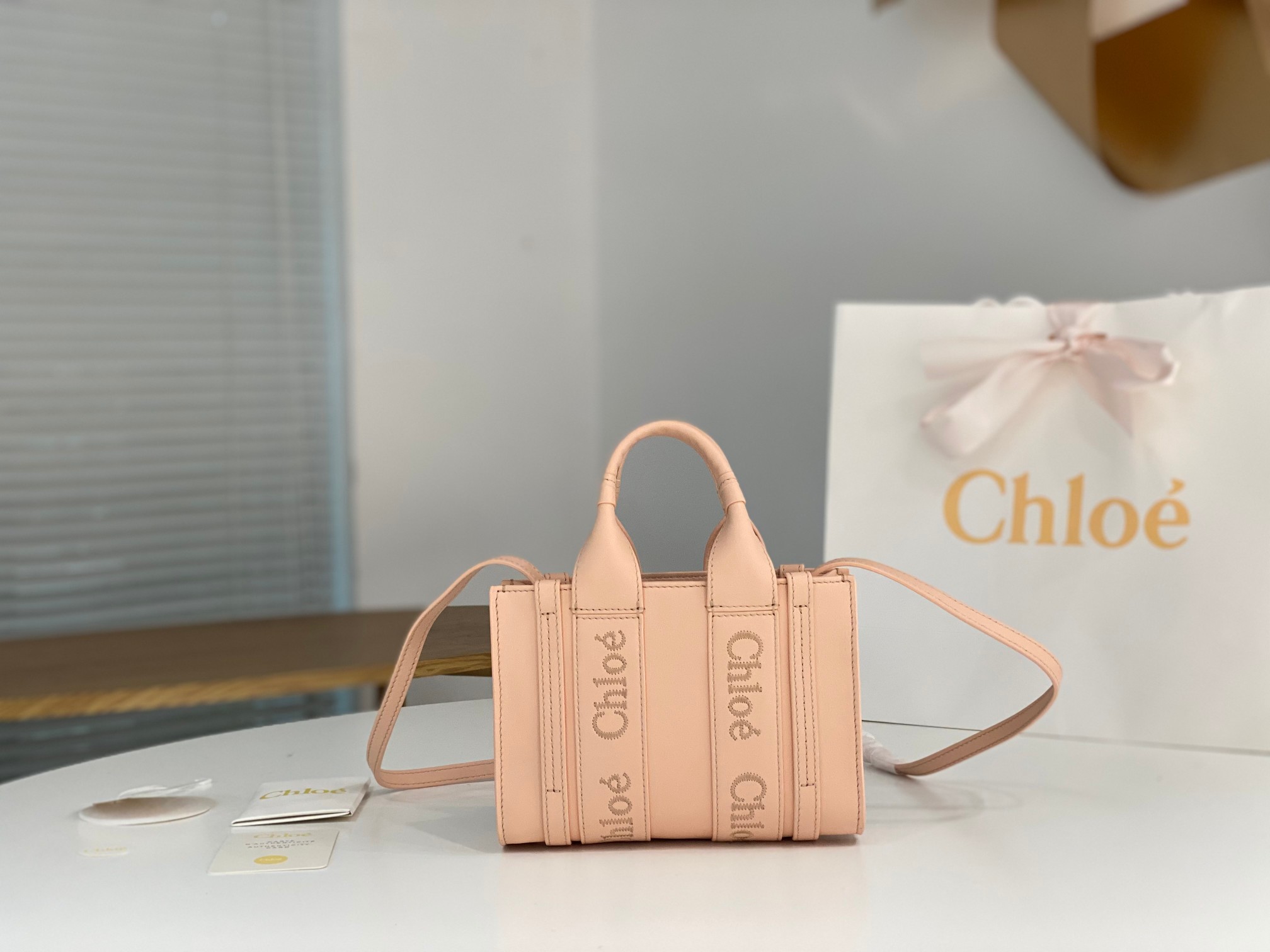 Chloe Mini Woody Tote Bag In Pink Soft Smooth Calfskin Leather